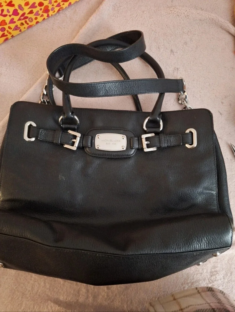 Michael Kors Black Leather Briefcase with Silver-Tone Plaque